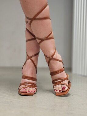 Strappy Brown Gladiator Heels With Lace-Up Design & Square Toe High Heel Sandals